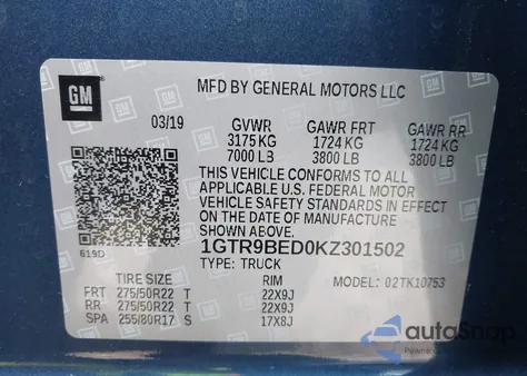 2019 GMC Sierra 1500 Sle z USA, uszkodzony, nr VIN 1GTR9BED0KZ301502